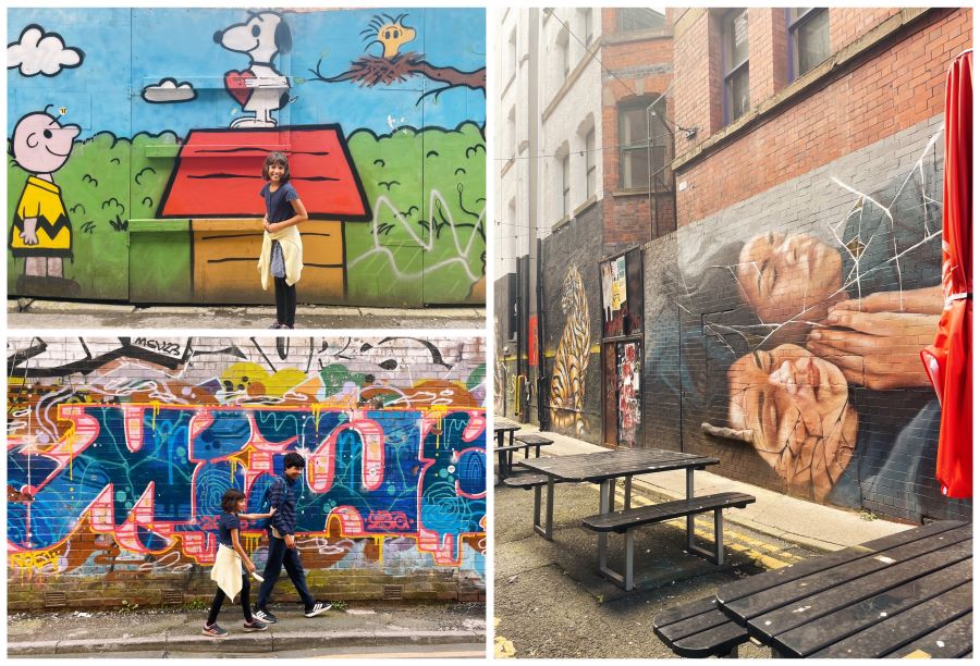 3 images of teens walking past large scale, colourful murals in Manchester Northern Quarter